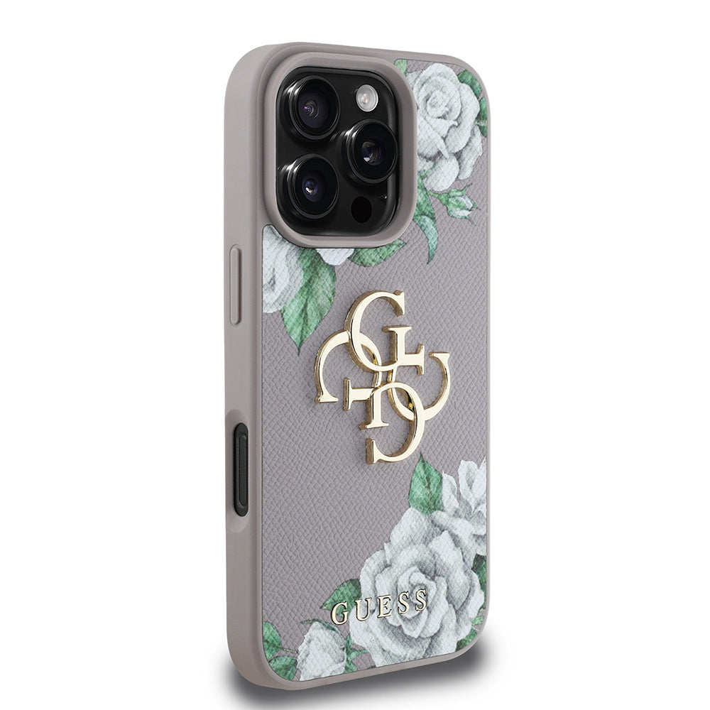 iPhone 16 Pro Kılıf Guess Orijinal Lisanslı Gül Baskılı Büyük Metal Logo Dizaynlı Kılıf