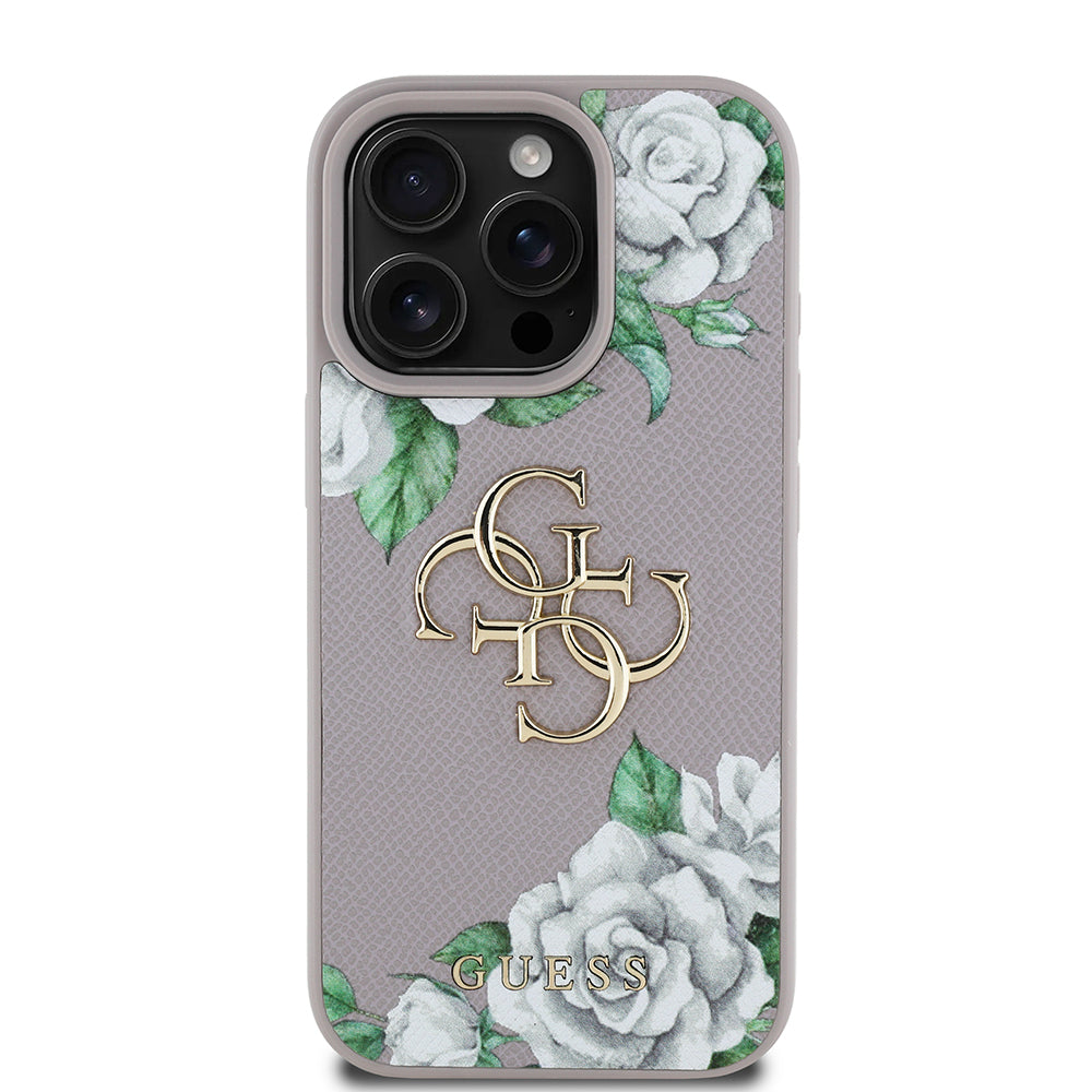 iPhone 16 Pro Kılıf Guess Orijinal Lisanslı Gül Baskılı Büyük Metal Logo Dizaynlı Kılıf