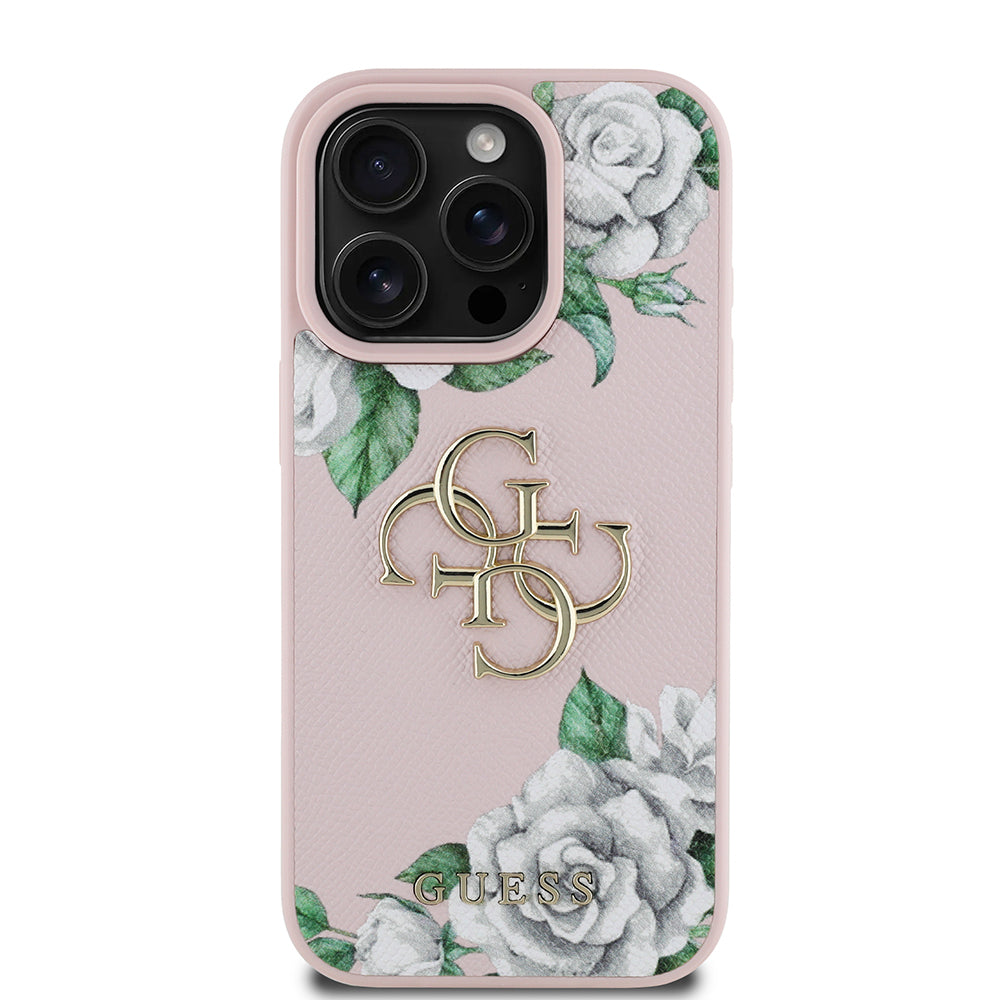 iPhone 16 Pro Kılıf Guess Orijinal Lisanslı Gül Baskılı Büyük Metal Logo Dizaynlı Kılıf