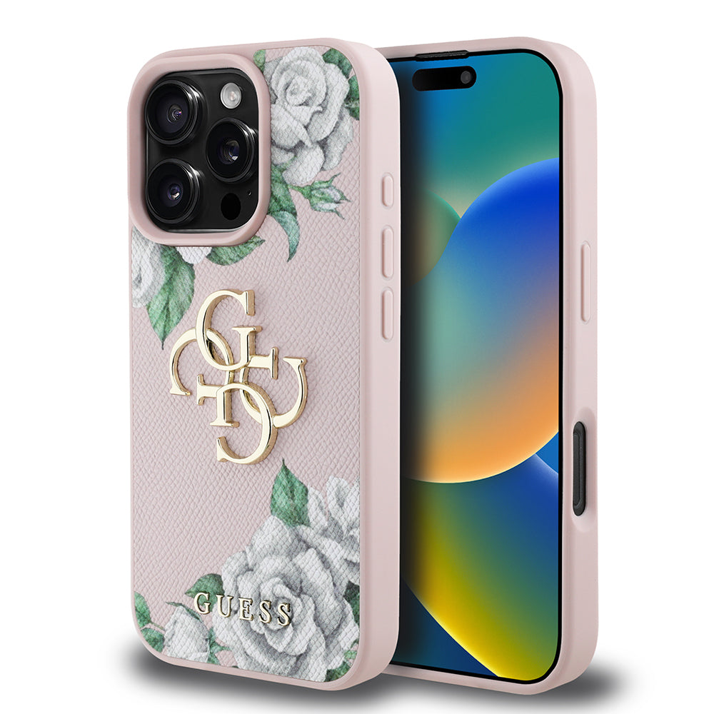 iPhone 16 Pro Kılıf Guess Orijinal Lisanslı Gül Baskılı Büyük Metal Logo Dizaynlı Kılıf