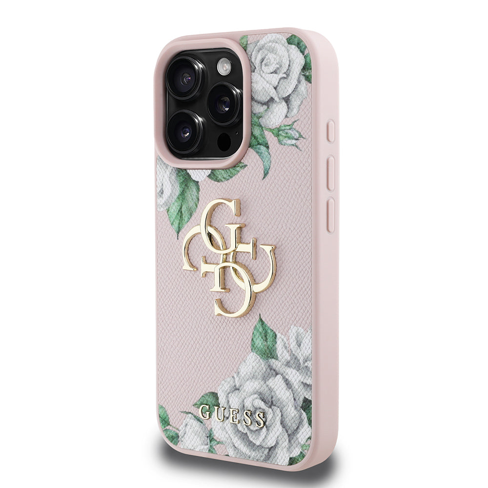 iPhone 16 Pro Kılıf Guess Orijinal Lisanslı Gül Baskılı Büyük Metal Logo Dizaynlı Kılıf