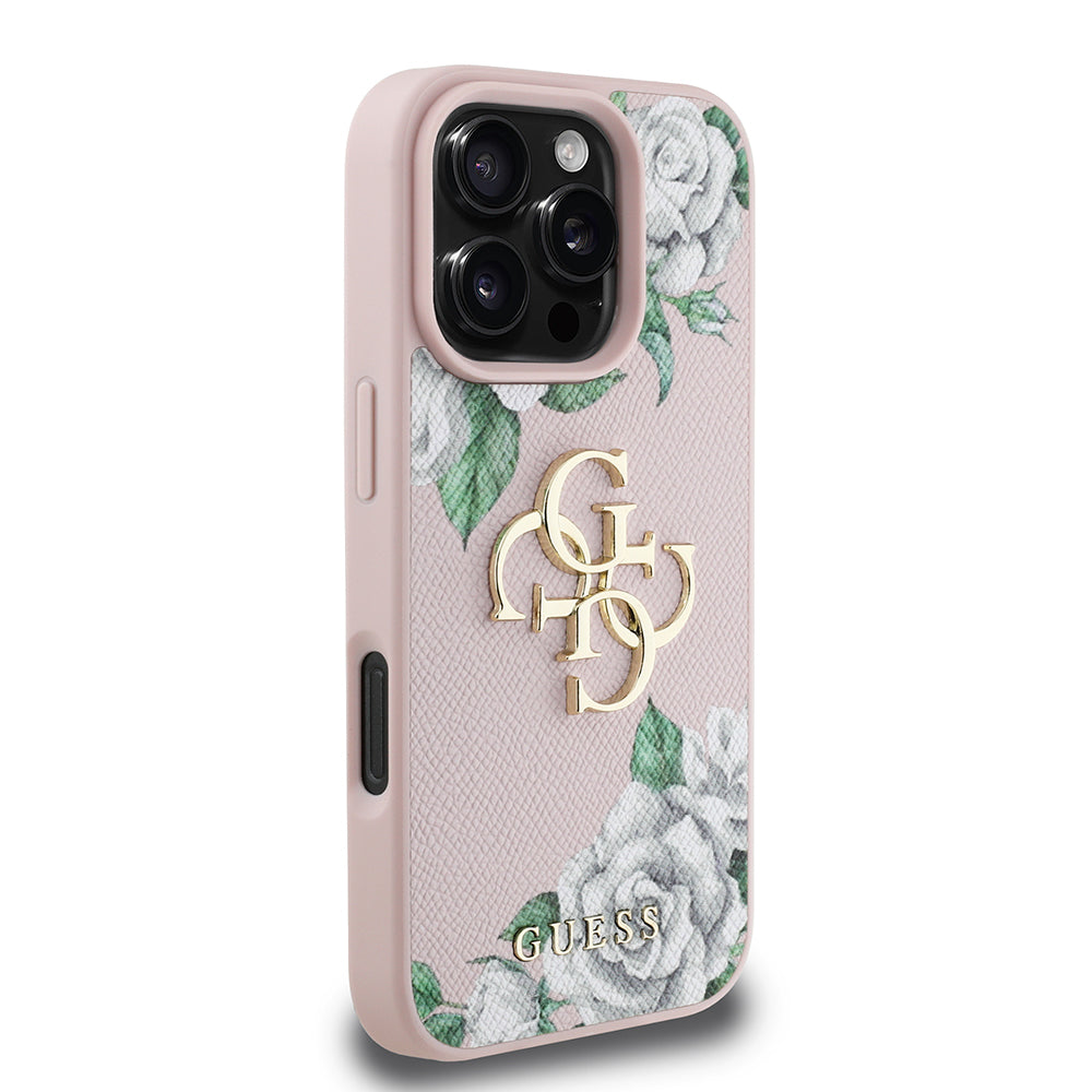 iPhone 16 Pro Kılıf Guess Orijinal Lisanslı Gül Baskılı Büyük Metal Logo Dizaynlı Kılıf