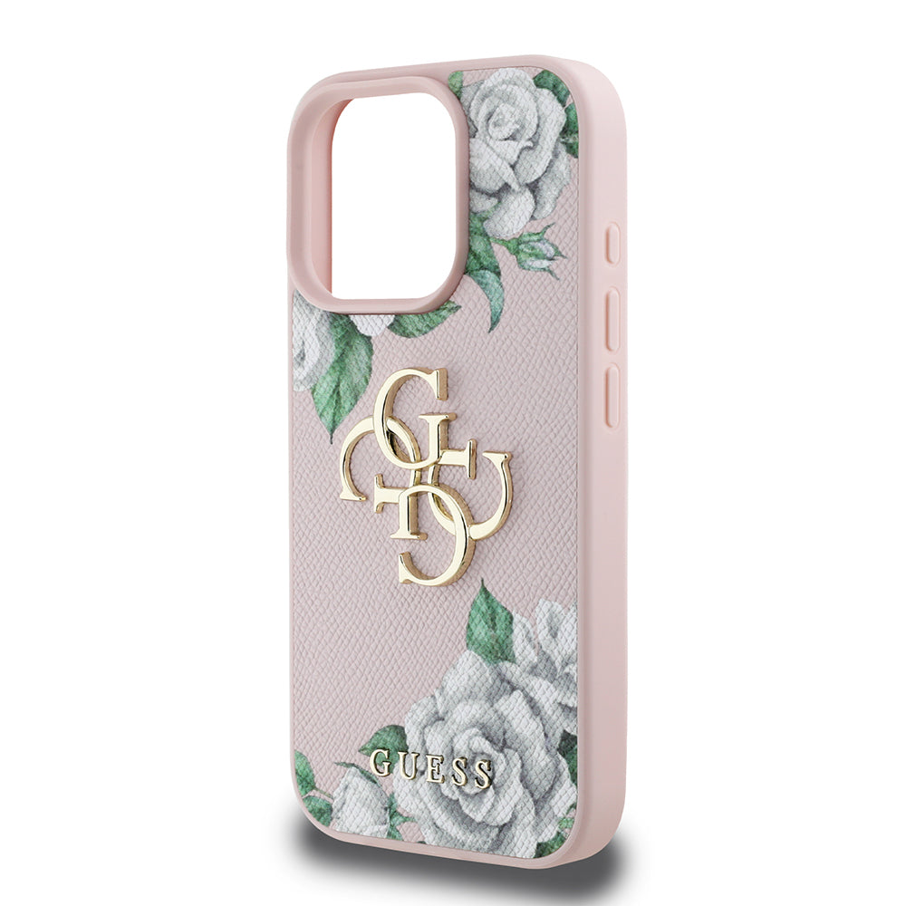 iPhone 16 Pro Kılıf Guess Orijinal Lisanslı Gül Baskılı Büyük Metal Logo Dizaynlı Kılıf