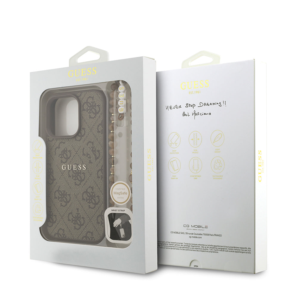 iPhone 16 Pro Kılıf Guess Orijinal Lisanslı M-safe Şarj Özellikli PU Deri Bilek Askı İpli Yazı Logolu Kılıf