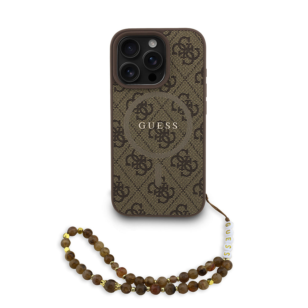 iPhone 16 Pro Kılıf Guess Orijinal Lisanslı M-safe Şarj Özellikli PU Deri Bilek Askı İpli Yazı Logolu Kılıf