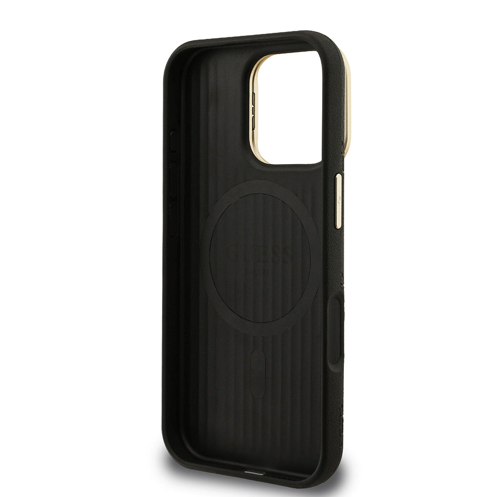 iPhone 16 Pro Kılıf Guess Orijinal Lisanslı M-safe Şarj Özellikli Sıcak Baskılı Yazı Logolu Kamera Standlı PU Deri Peony Kılıf