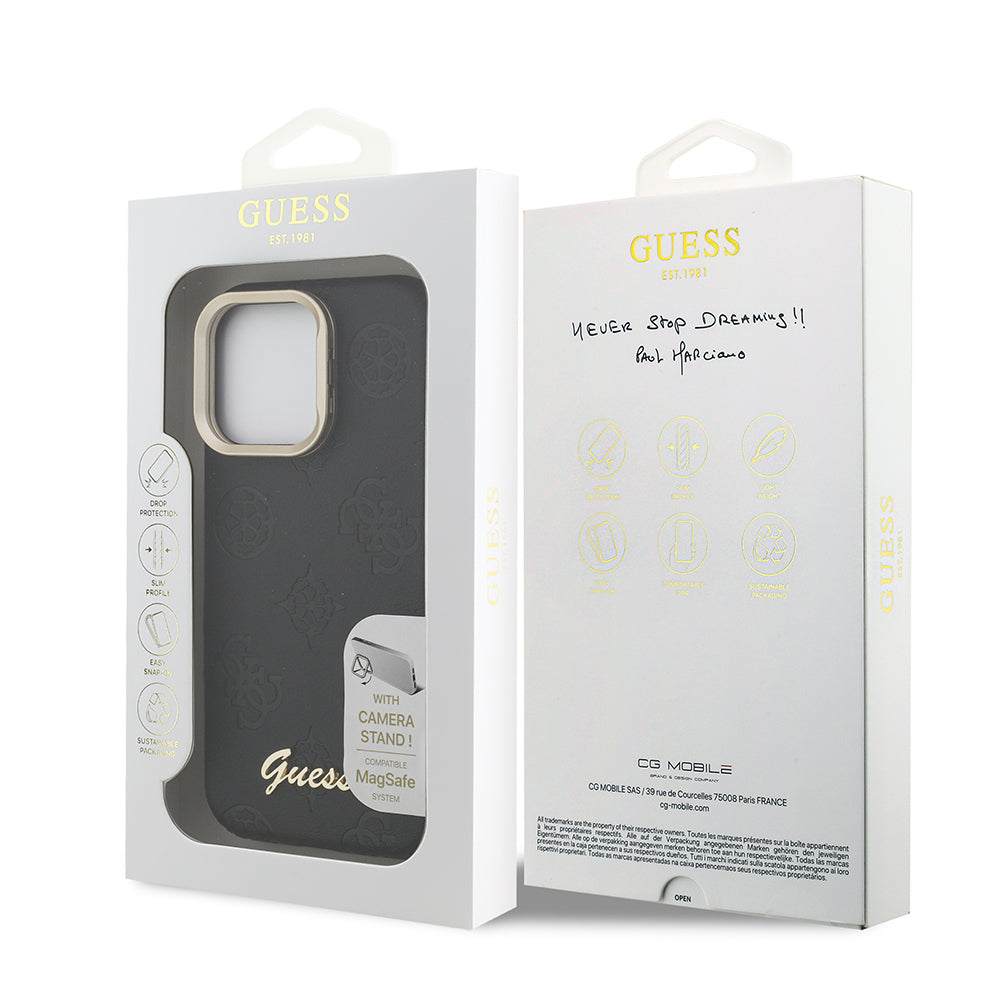 iPhone 16 Pro Kılıf Guess Orijinal Lisanslı M-safe Şarj Özellikli Sıcak Baskılı Yazı Logolu Kamera Standlı PU Deri Peony Kılıf