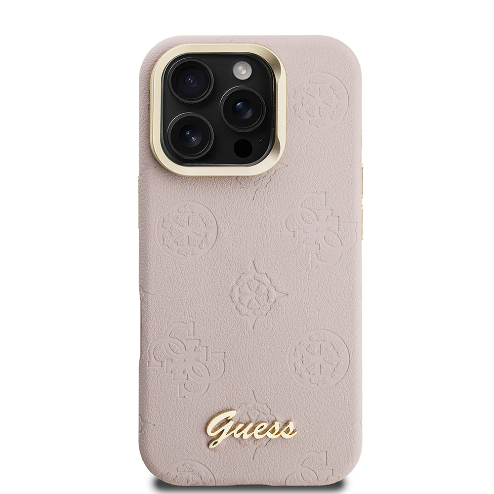 iPhone 16 Pro Kılıf Guess Orijinal Lisanslı M-safe Şarj Özellikli Sıcak Baskılı Yazı Logolu Kamera Standlı PU Deri Peony Kılıf