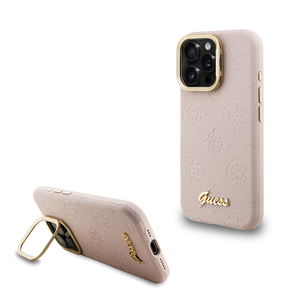 iPhone 16 Pro Kılıf Guess Orijinal Lisanslı M-safe Şarj Özellikli Sıcak Baskılı Yazı Logolu Kamera Standlı PU Deri Peony Kılıf