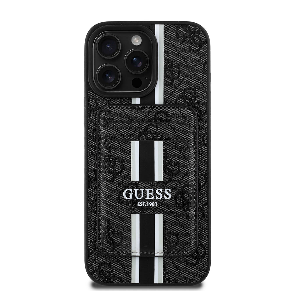 iPhone 16 Pro Kılıf Guess Orijinal Lisanslı M-safe Şarj Özellikli 4G Desenli Çizgili Kartlıklı Kılıf
