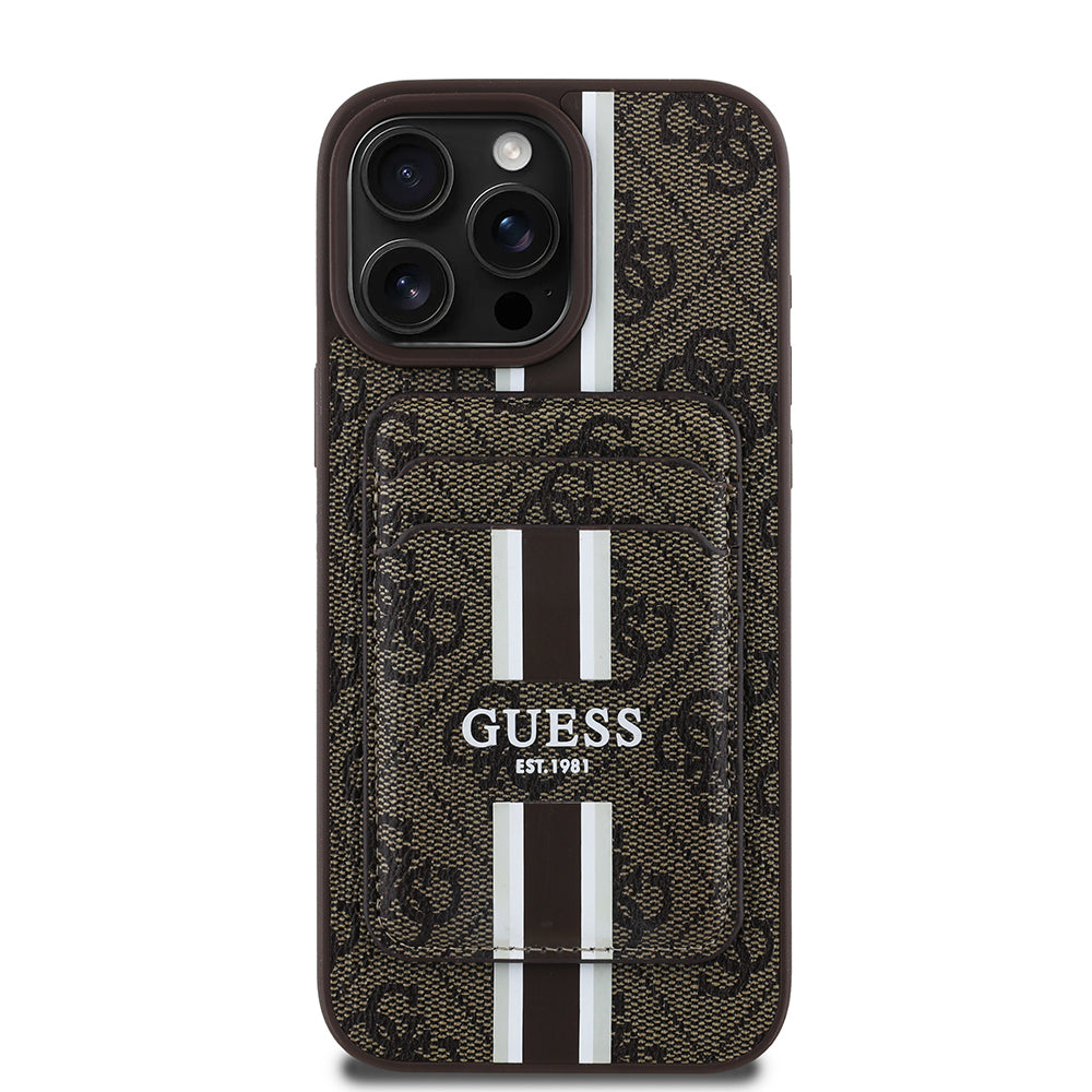 iPhone 16 Pro Kılıf Guess Orijinal Lisanslı M-safe Şarj Özellikli 4G Desenli Çizgili Kartlıklı Kılıf