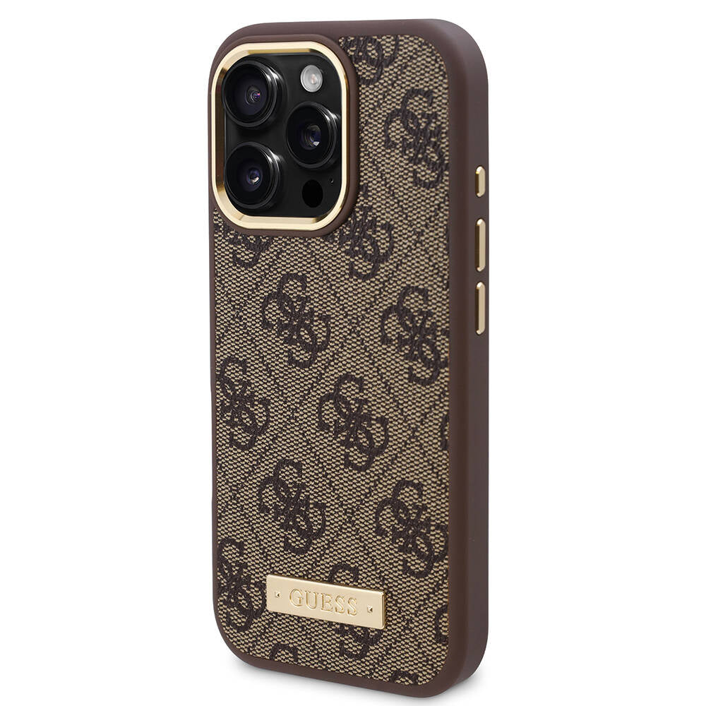 iPhone 16 Pro Kılıf Guess Orijinal Lisanslı M-safe Şarj Özellikli 4G Desenli PU Metal Plaka Klasik Logolu Kılıf