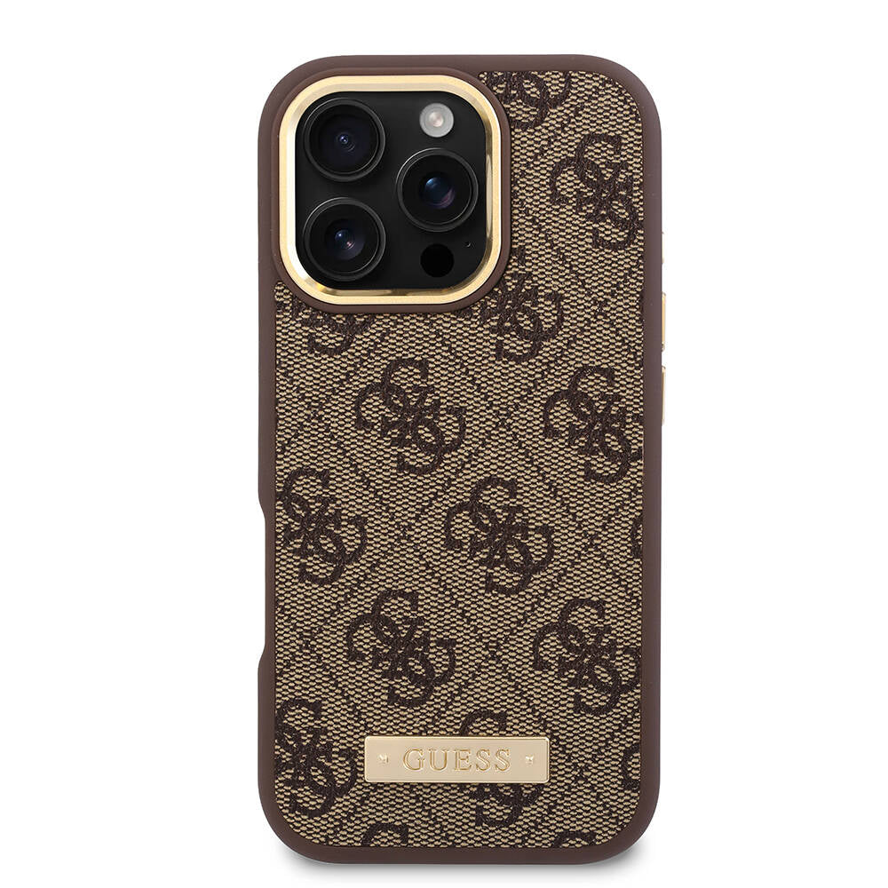 iPhone 16 Pro Kılıf Guess Orijinal Lisanslı M-safe Şarj Özellikli 4G Desenli PU Metal Plaka Klasik Logolu Kılıf