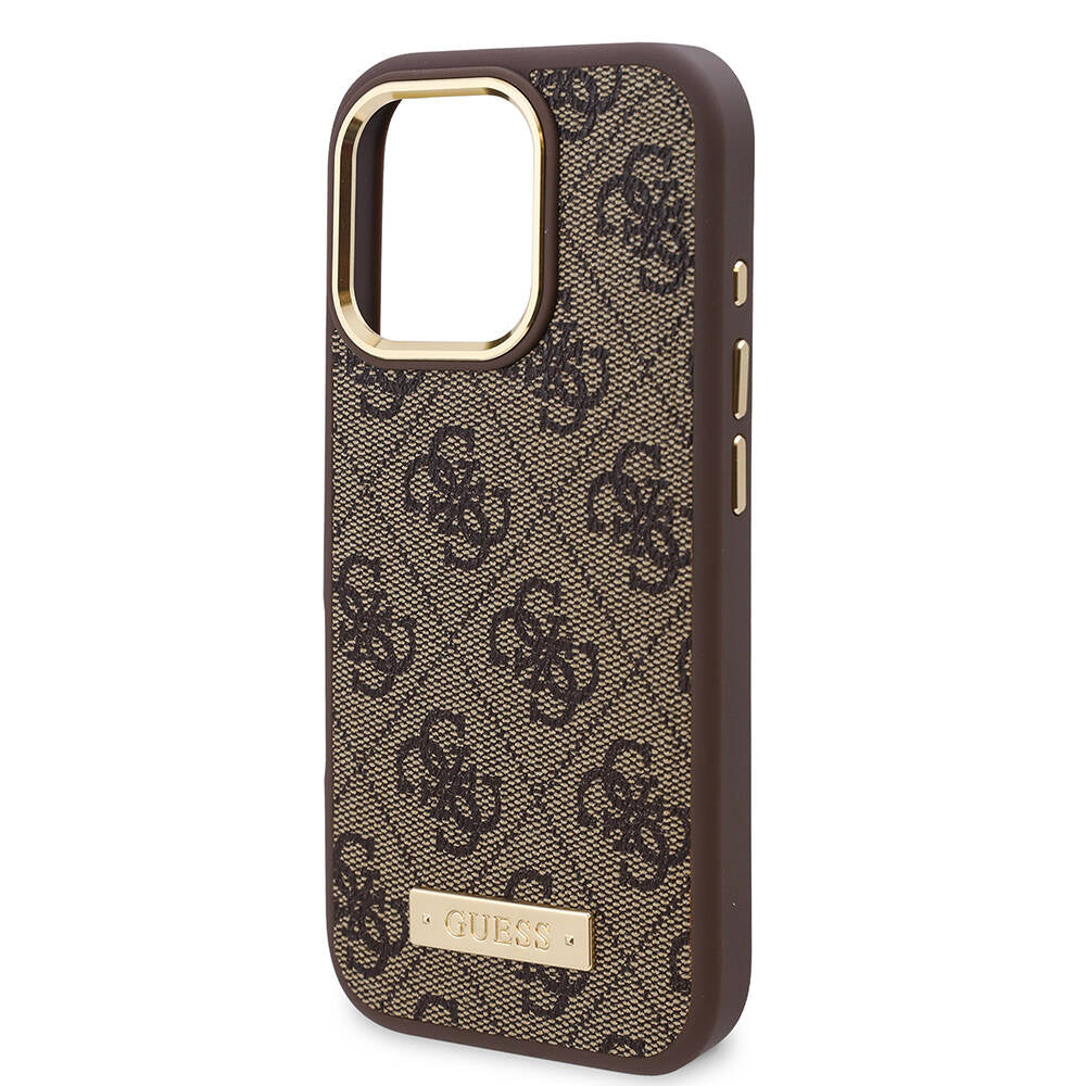 iPhone 16 Pro Kılıf Guess Orijinal Lisanslı M-safe Şarj Özellikli 4G Desenli PU Metal Plaka Klasik Logolu Kılıf