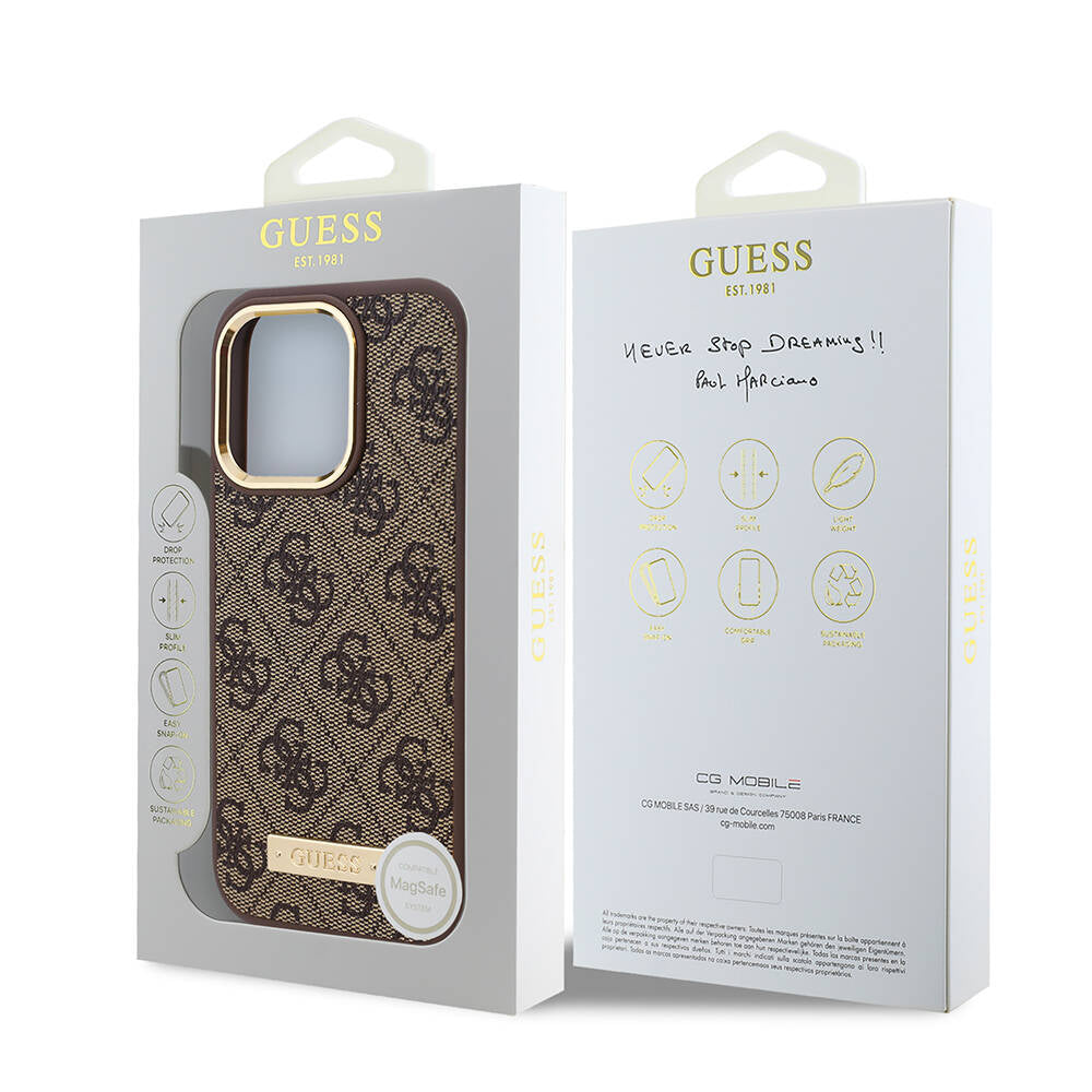 iPhone 16 Pro Kılıf Guess Orijinal Lisanslı M-safe Şarj Özellikli 4G Desenli PU Metal Plaka Klasik Logolu Kılıf