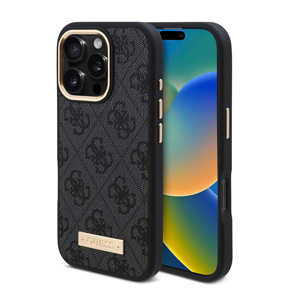 iPhone 16 Pro Kılıf Guess Orijinal Lisanslı M-safe Şarj Özellikli 4G Desenli PU Metal Plaka Klasik Logolu Kılıf