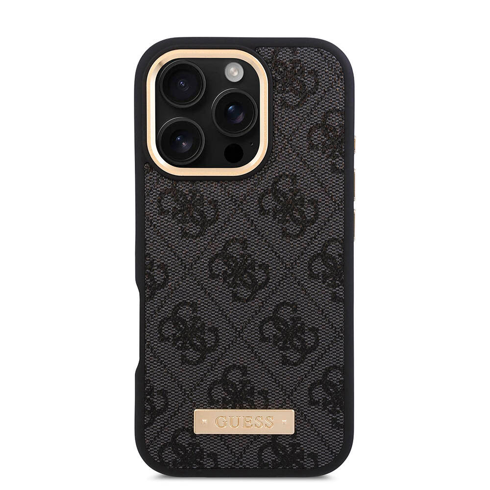 iPhone 16 Pro Kılıf Guess Orijinal Lisanslı M-safe Şarj Özellikli 4G Desenli PU Metal Plaka Klasik Logolu Kılıf