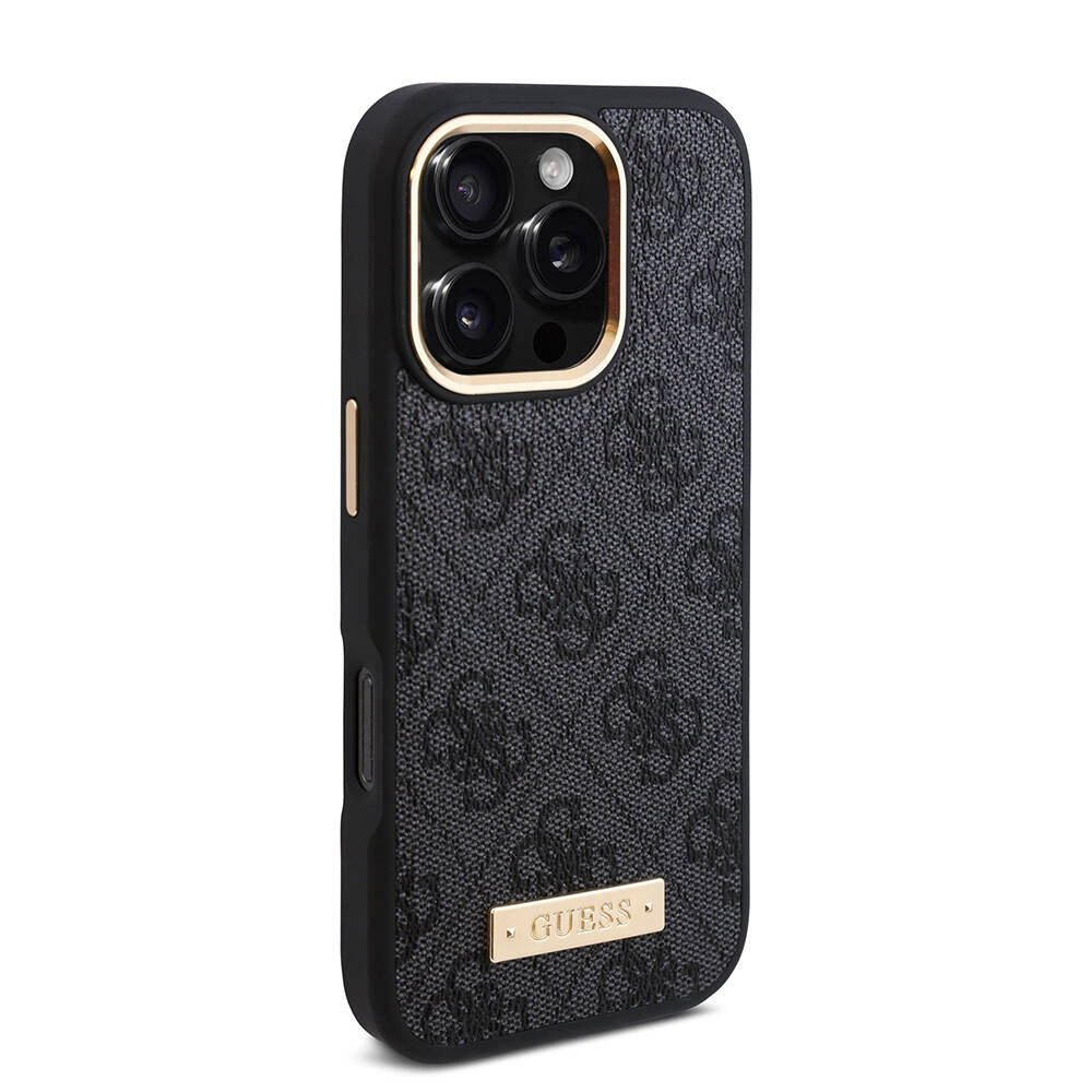 iPhone 16 Pro Kılıf Guess Orijinal Lisanslı M-safe Şarj Özellikli 4G Desenli PU Metal Plaka Klasik Logolu Kılıf
