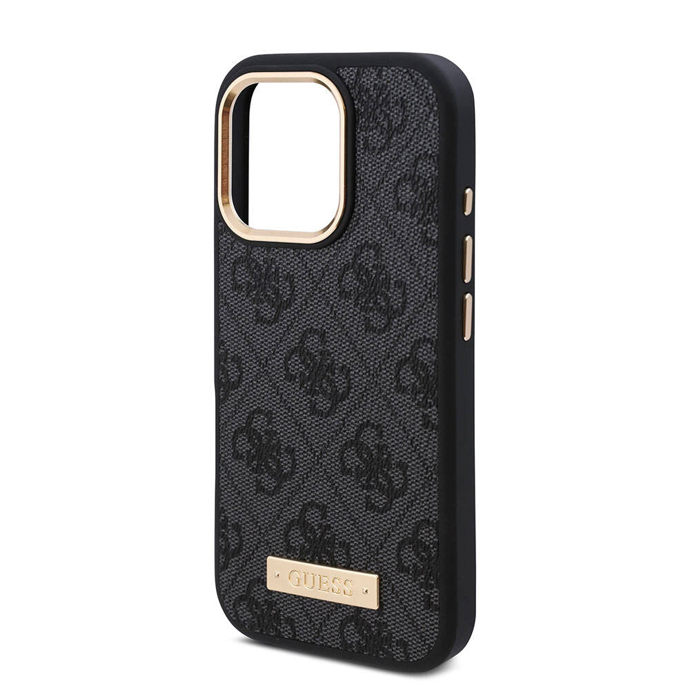iPhone 16 Pro Kılıf Guess Orijinal Lisanslı M-safe Şarj Özellikli 4G Desenli PU Metal Plaka Klasik Logolu Kılıf