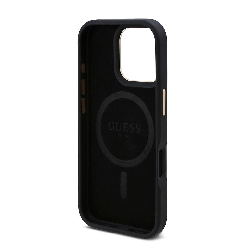 iPhone 16 Pro Kılıf Guess Orijinal Lisanslı M-safe Şarj Özellikli 4G Desenli PU Metal Plaka Klasik Logolu Kılıf