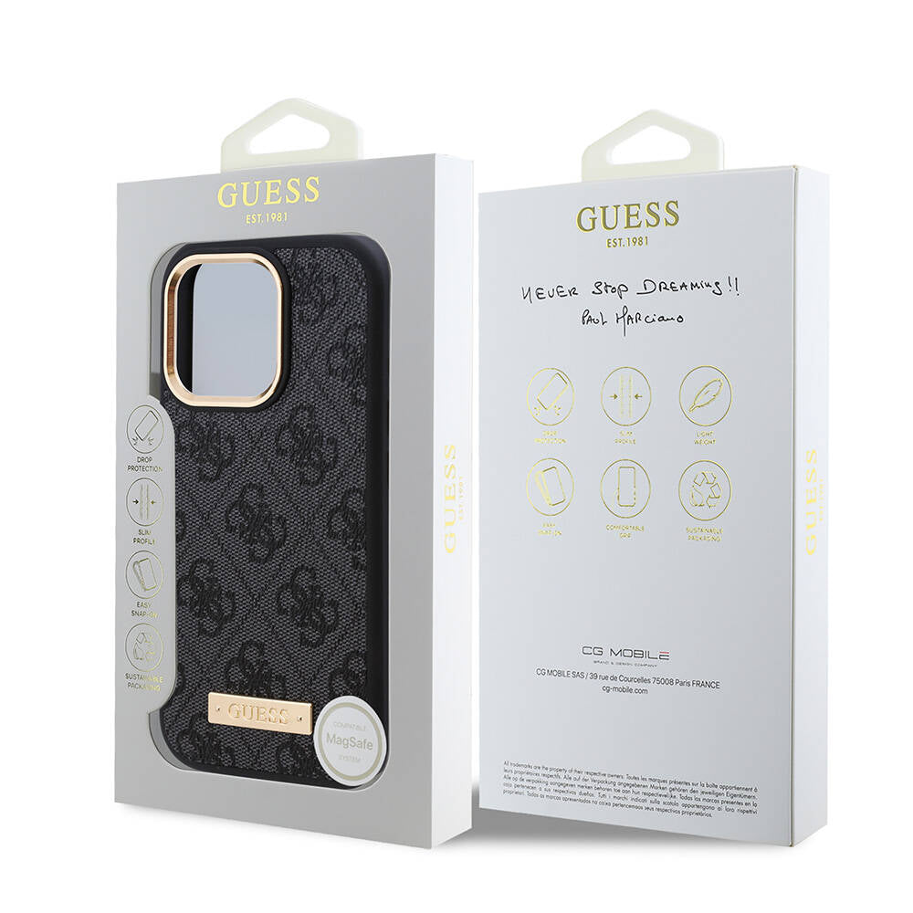 iPhone 16 Pro Kılıf Guess Orijinal Lisanslı M-safe Şarj Özellikli 4G Desenli PU Metal Plaka Klasik Logolu Kılıf