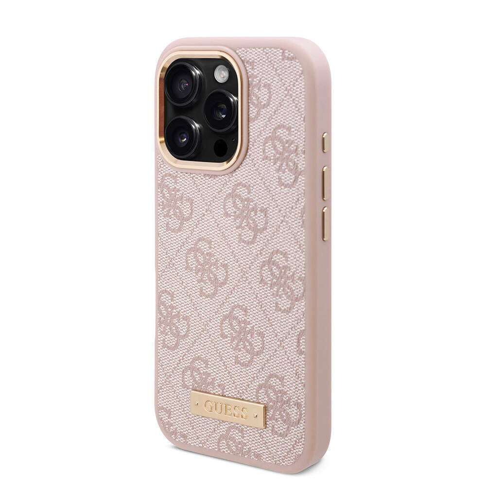 iPhone 16 Pro Kılıf Guess Orijinal Lisanslı M-safe Şarj Özellikli 4G Desenli PU Metal Plaka Klasik Logolu Kılıf