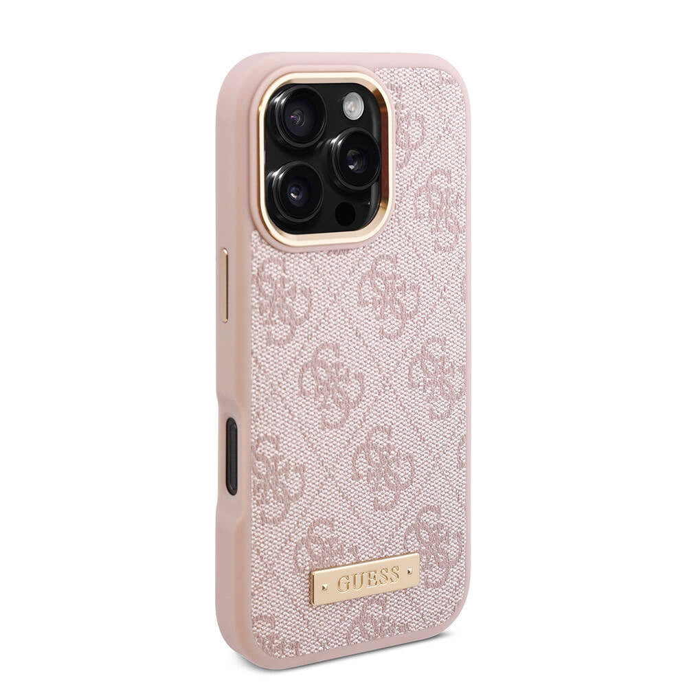 iPhone 16 Pro Kılıf Guess Orijinal Lisanslı M-safe Şarj Özellikli 4G Desenli PU Metal Plaka Klasik Logolu Kılıf