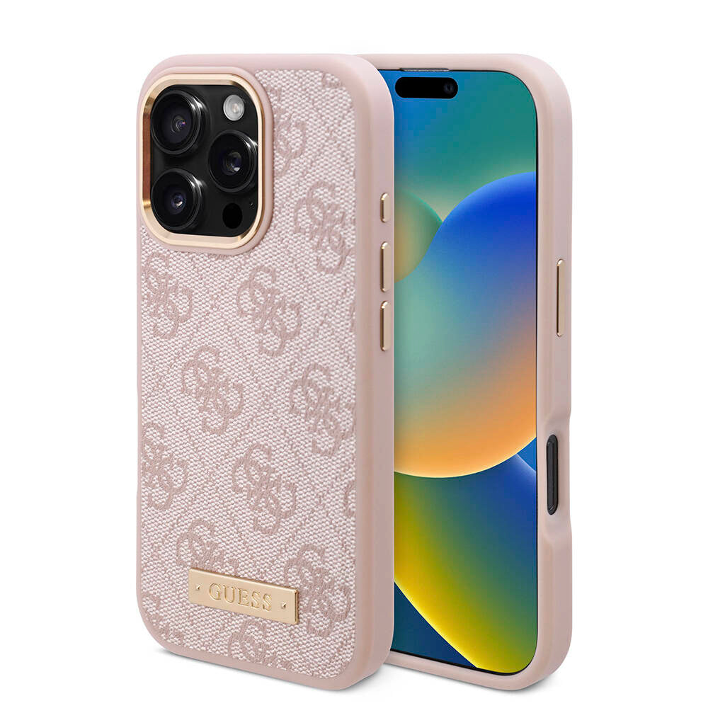 iPhone 16 Pro Kılıf Guess Orijinal Lisanslı M-safe Şarj Özellikli 4G Desenli PU Metal Plaka Klasik Logolu Kılıf