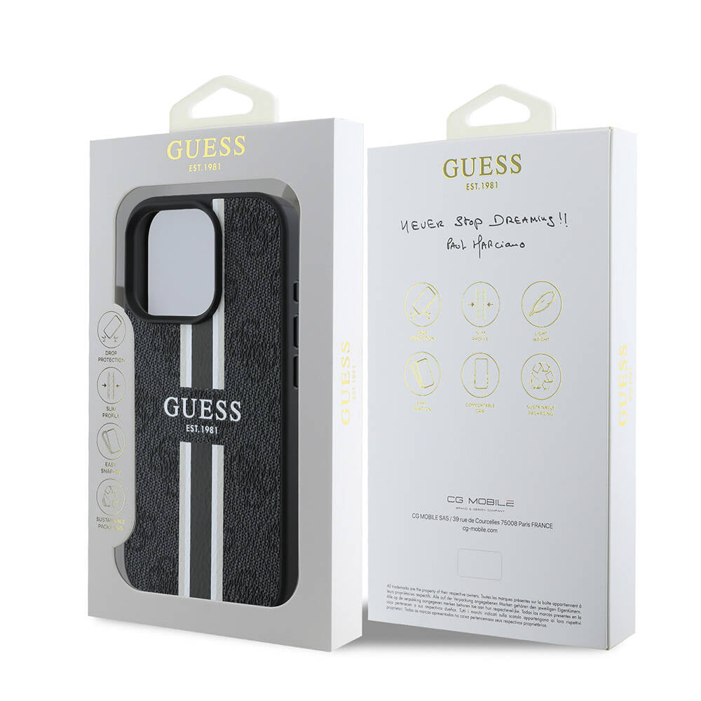 iPhone 16 Pro Kılıf Guess Orijinal Lisanslı M-safe Şarj Özellikli 4G Şerit Tasarımlı Printed Kılıf