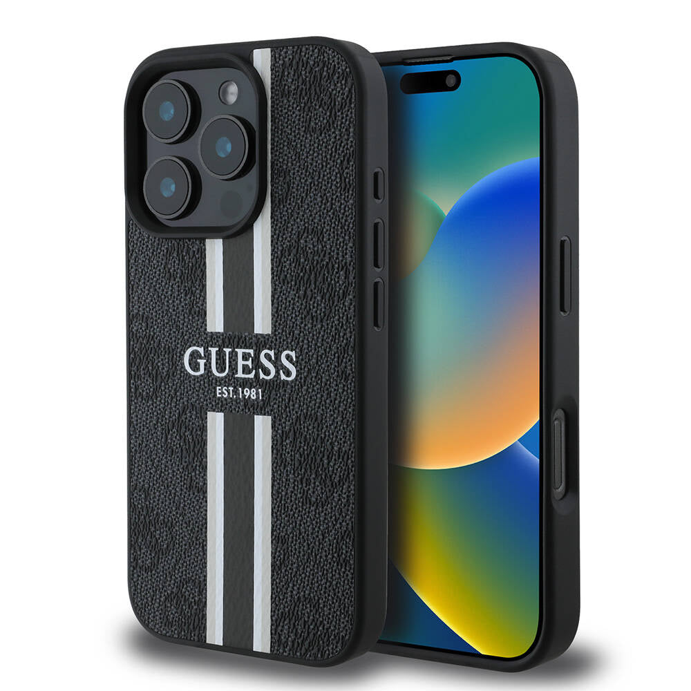 iPhone 16 Pro Kılıf Guess Orijinal Lisanslı M-safe Şarj Özellikli 4G Şerit Tasarımlı Printed Kılıf