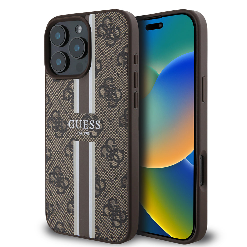 iPhone 16 Pro Kılıf Guess Orijinal Lisanslı M-safe Şarj Özellikli 4G Şerit Tasarımlı Printed Kılıf