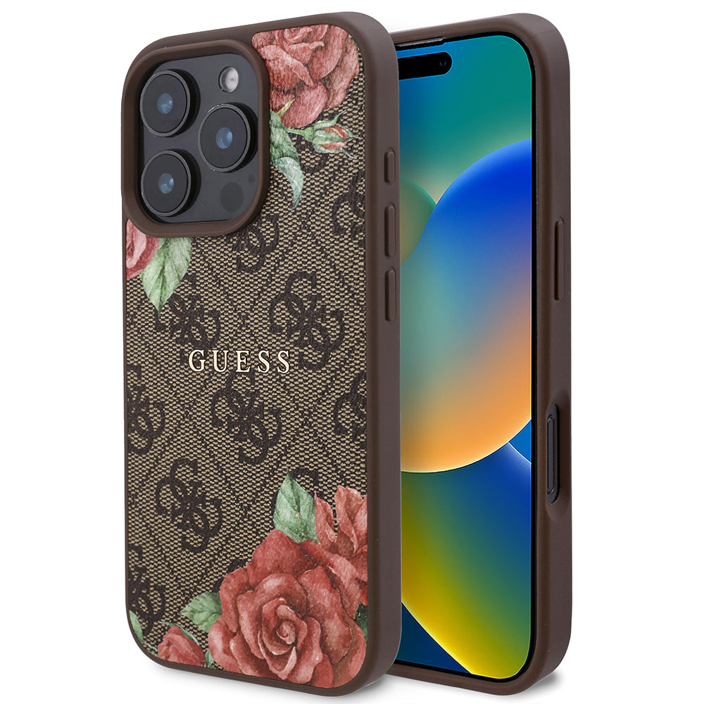 iPhone 16 Pro Kılıf Guess Orijinal Lisanslı M-safe Şarj Özellikli Gül Baskılı 4G Desenli Yazı Logolu Kılıf