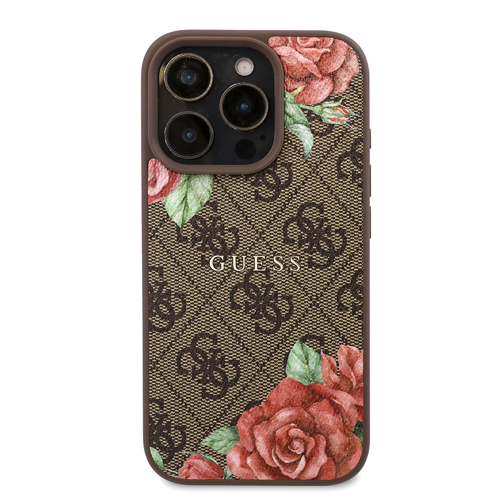 iPhone 16 Pro Kılıf Guess Orijinal Lisanslı M-safe Şarj Özellikli Gül Baskılı 4G Desenli Yazı Logolu Kılıf