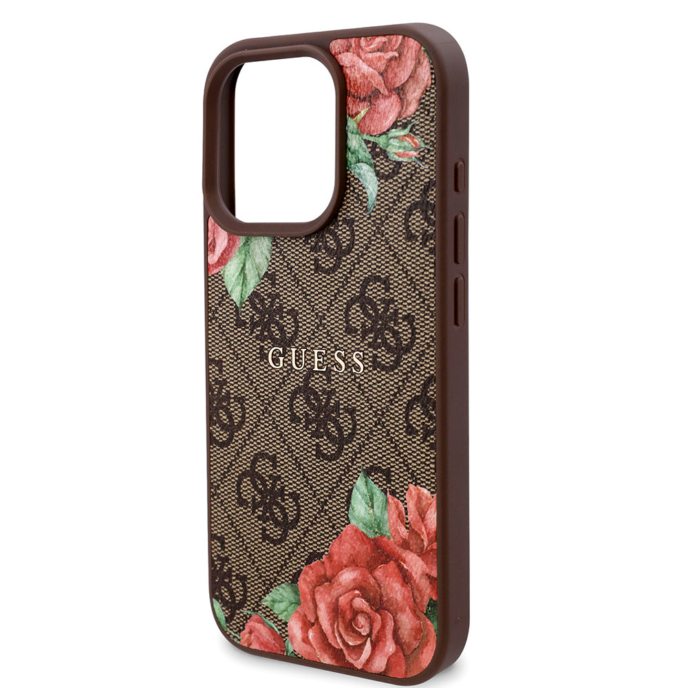 iPhone 16 Pro Kılıf Guess Orijinal Lisanslı M-safe Şarj Özellikli Gül Baskılı 4G Desenli Yazı Logolu Kılıf