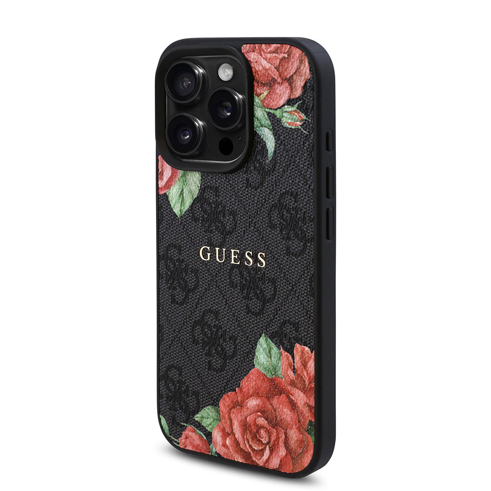 iPhone 16 Pro Kılıf Guess Orijinal Lisanslı M-safe Şarj Özellikli Gül Baskılı 4G Desenli Yazı Logolu Kılıf