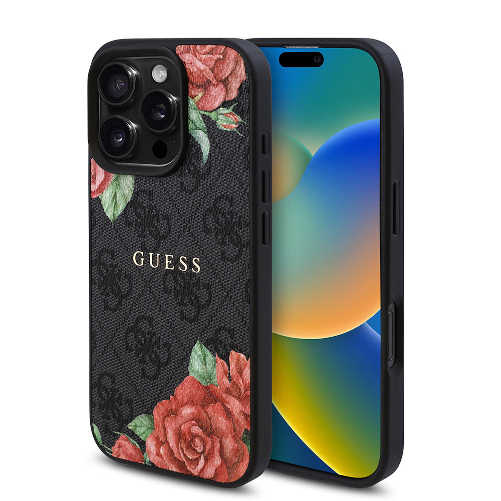 iPhone 16 Pro Kılıf Guess Orijinal Lisanslı M-safe Şarj Özellikli Gül Baskılı 4G Desenli Yazı Logolu Kılıf