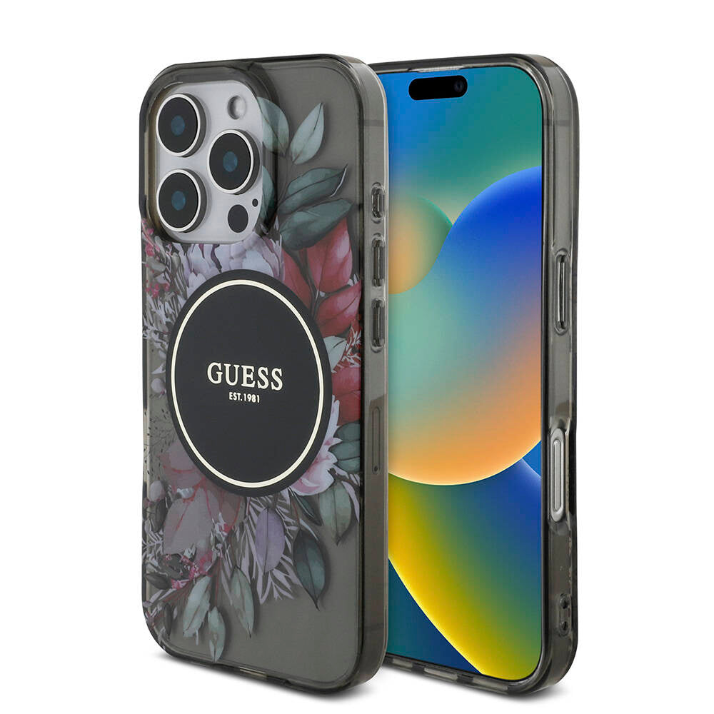 iPhone 16 Pro Kılıf Guess Orijinal Lisanslı M-safe Şarj Özellikli IML Baskılı Çiçek İnci Bileklikli Kılıf