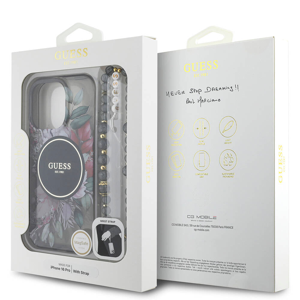 iPhone 16 Pro Kılıf Guess Orijinal Lisanslı M-safe Şarj Özellikli IML Baskılı Çiçek İnci Bileklikli Kılıf