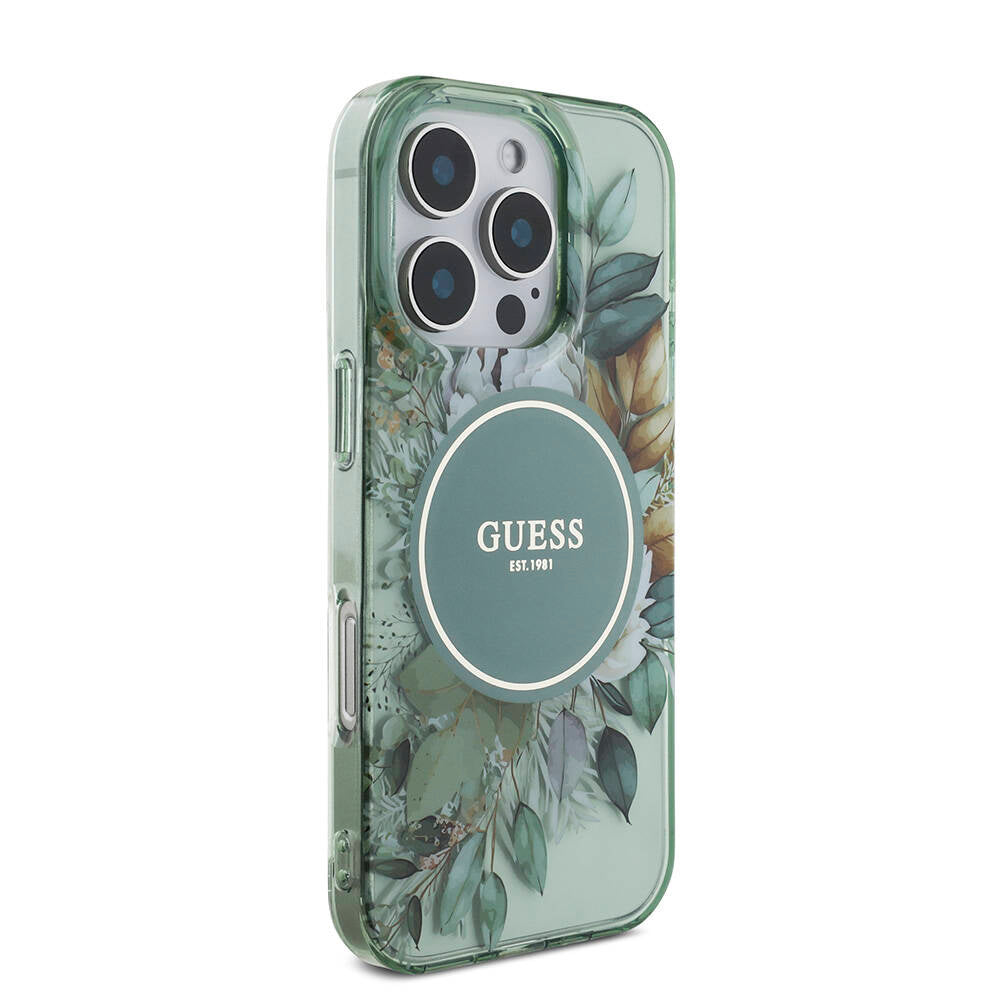 iPhone 16 Pro Kılıf Guess Orijinal Lisanslı M-safe Şarj Özellikli IML Baskılı Çiçek İnci Bileklikli Kılıf