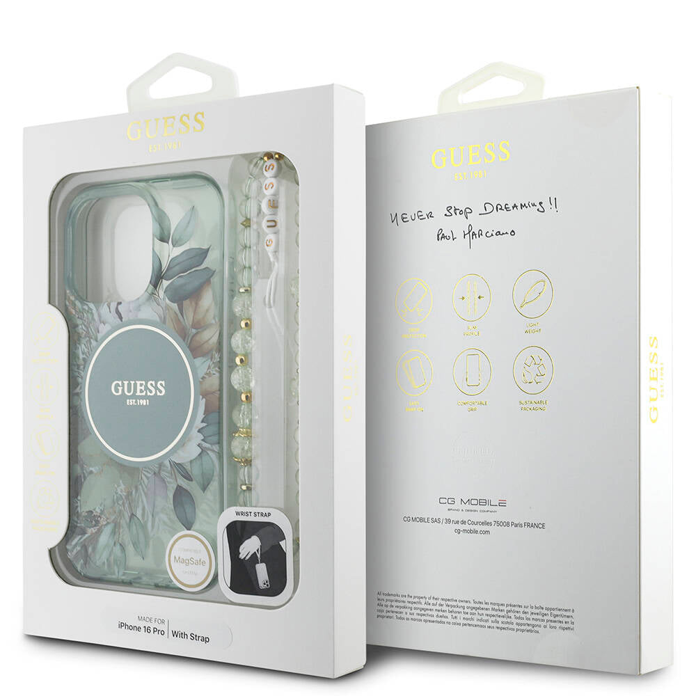 iPhone 16 Pro Kılıf Guess Orijinal Lisanslı M-safe Şarj Özellikli IML Baskılı Çiçek İnci Bileklikli Kılıf