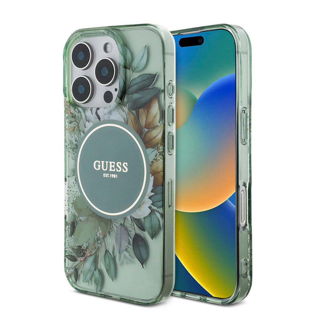 iPhone 16 Pro Kılıf Guess Orijinal Lisanslı M-safe Şarj Özellikli IML Baskılı Çiçek İnci Bileklikli Kılıf