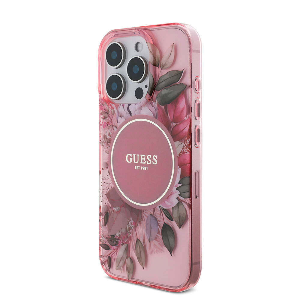 iPhone 16 Pro Kılıf Guess Orijinal Lisanslı M-safe Şarj Özellikli IML Baskılı Çiçek İnci Bileklikli Kılıf