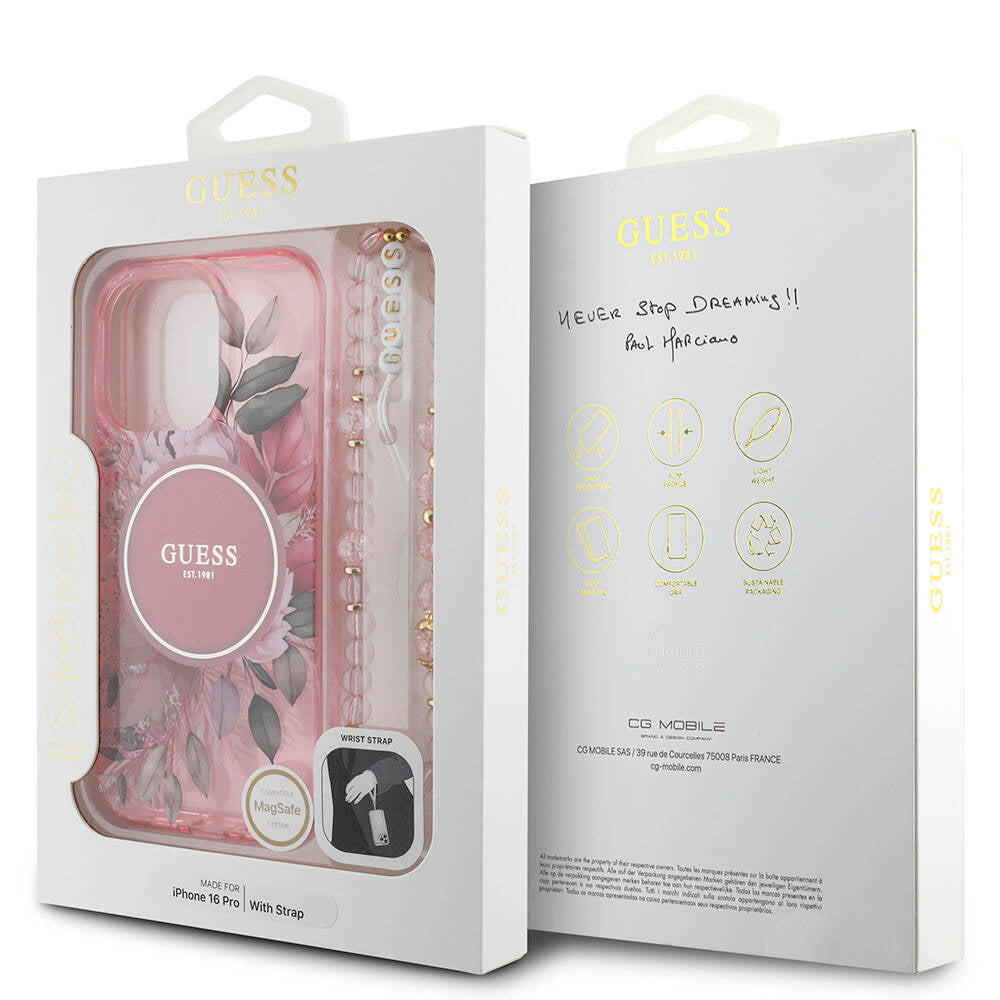 iPhone 16 Pro Kılıf Guess Orijinal Lisanslı M-safe Şarj Özellikli IML Baskılı Çiçek İnci Bileklikli Kılıf