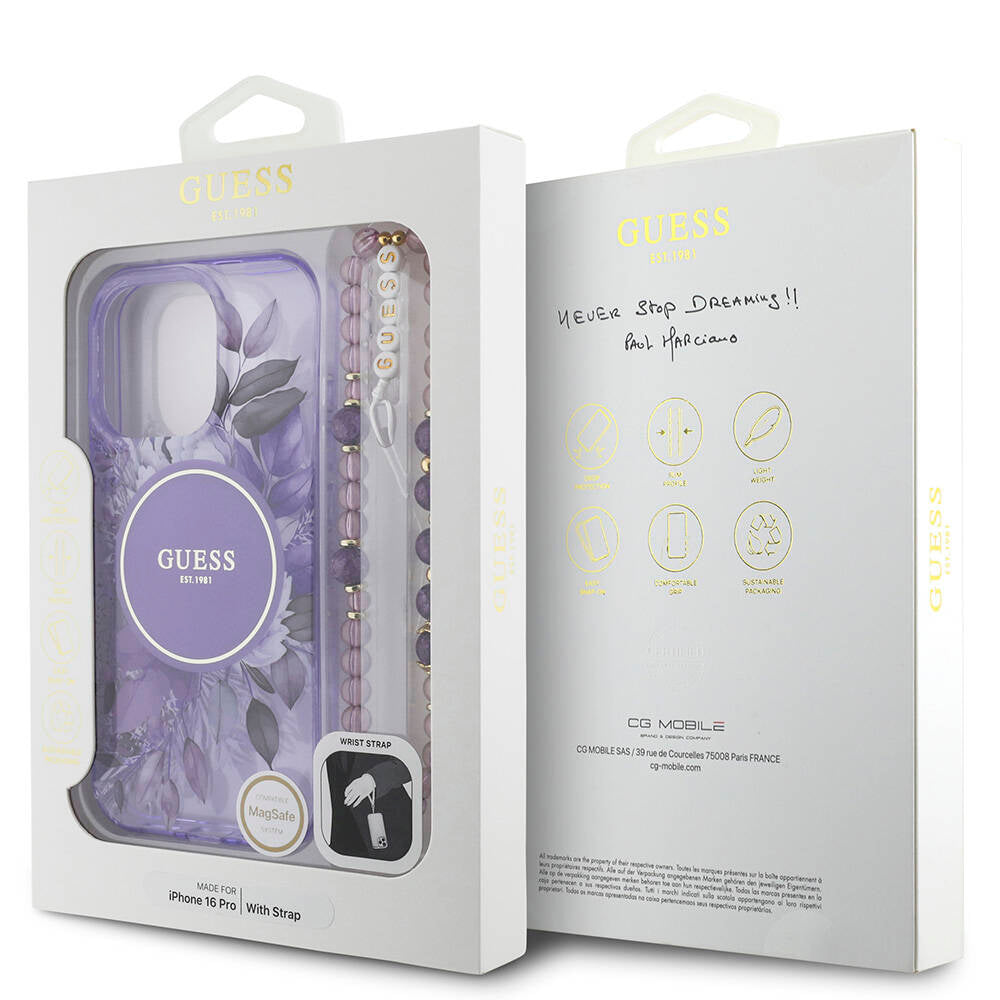iPhone 16 Pro Kılıf Guess Orijinal Lisanslı M-safe Şarj Özellikli IML Baskılı Çiçek İnci Bileklikli Kılıf
