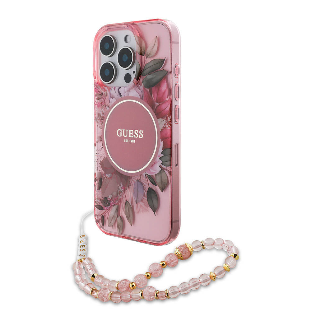 iPhone 16 Pro Kılıf Guess Orijinal Lisanslı M-safe Şarj Özellikli IML Baskılı Çiçek İnci Bileklikli Kılıf