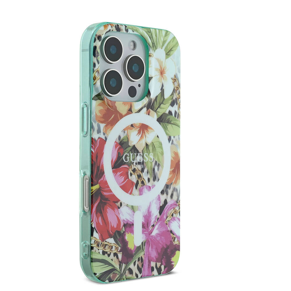 iPhone 16 Pro Kılıf Guess Orijinal Lisanslı M-safe Şarj Özellikli IML Baskılı Jungle Ring Kılıf