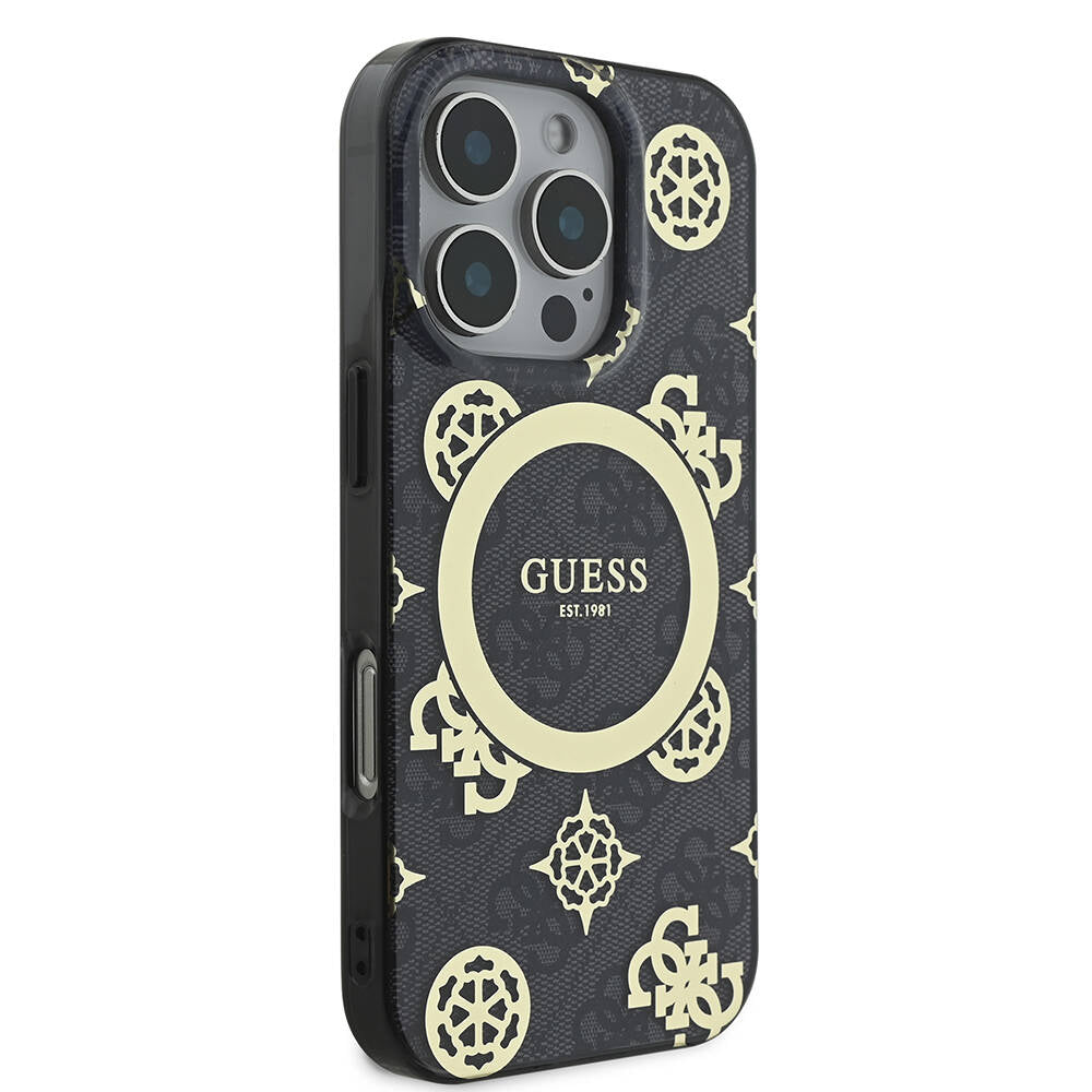 iPhone 16 Pro Kılıf Guess Orijinal Lisanslı M-safe Şarj Özellikli IML Peony ve 4G Desenli Klasik Logolu Kılıf