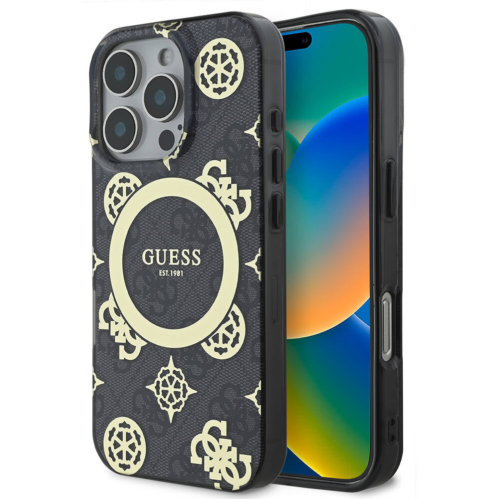 iPhone 16 Pro Kılıf Guess Orijinal Lisanslı M-safe Şarj Özellikli IML Peony ve 4G Desenli Klasik Logolu Kılıf
