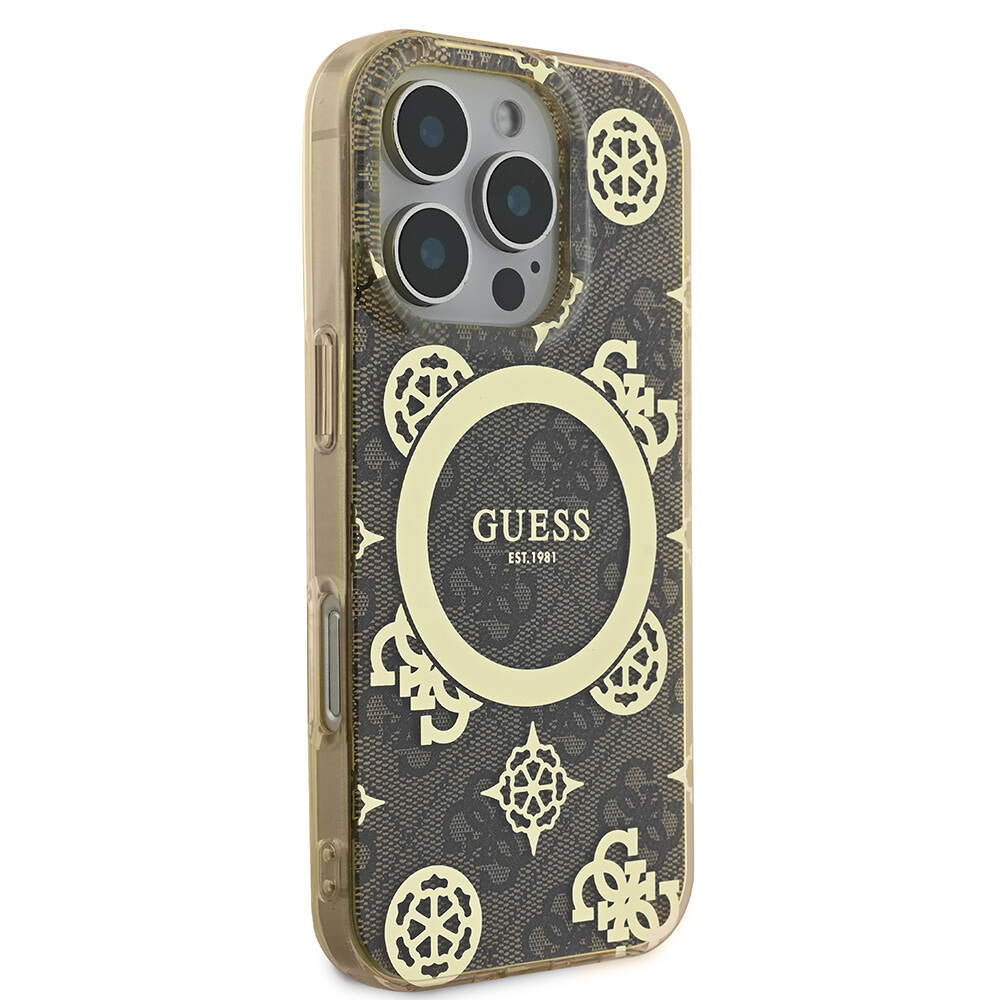 iPhone 16 Pro Kılıf Guess Orijinal Lisanslı M-safe Şarj Özellikli IML Peony ve 4G Desenli Klasik Logolu Kılıf