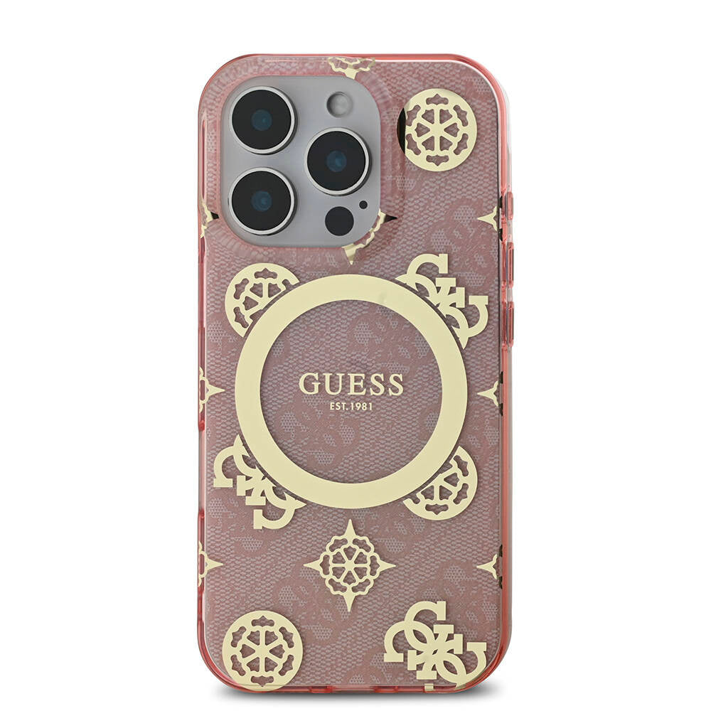 iPhone 16 Pro Kılıf Guess Orijinal Lisanslı M-safe Şarj Özellikli IML Peony ve 4G Desenli Klasik Logolu Kılıf